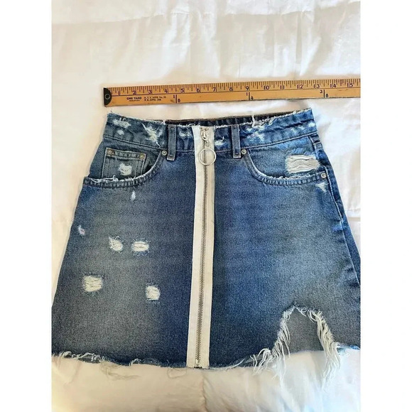 Zara Trafaluc Denimwear Blue Distressed Zip Front Midi Skirt Size XS - Picture 4 of 5